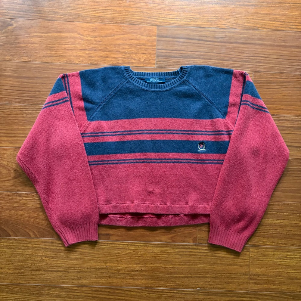 Chaps Ralph Lauren Womens Small Red Navy Striped Cropped Cotton Sweater Vintage